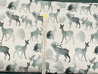 French Terry digital print - Graphite reindeer on a white back