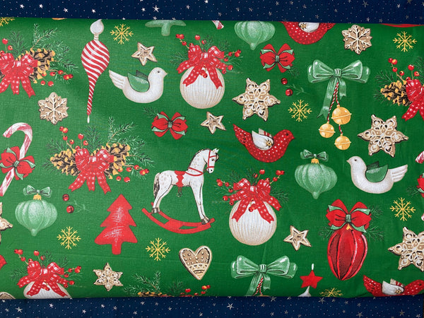 Cotton 100% Christmas - pattern decorations RETRO on green back