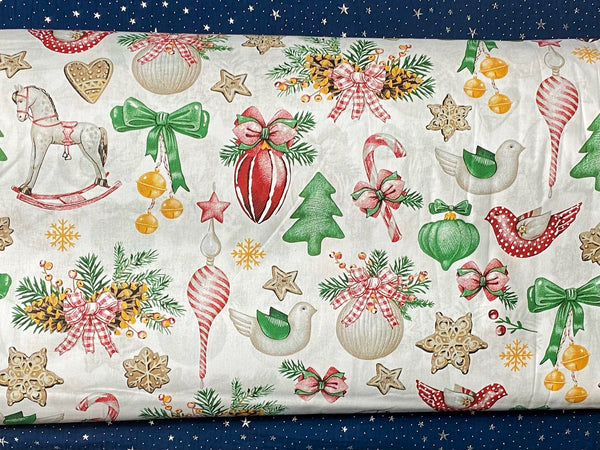 Cotton 100% Christmas - pattern decorations RETRO on white back