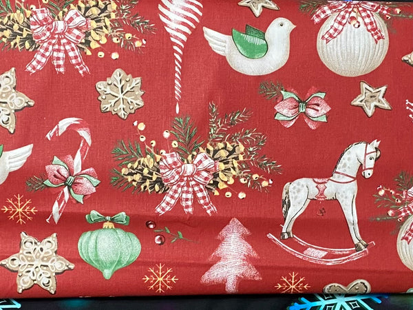 Cotton 100% Christmas - pattern decorations RETRO on red back