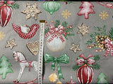 Cotton 100% Christmas - pattern decorations RETRO on gray back