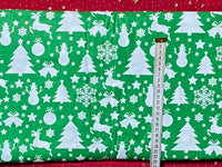 Cotton 100% Christmas - Christmas pattern trees and snowman on green back