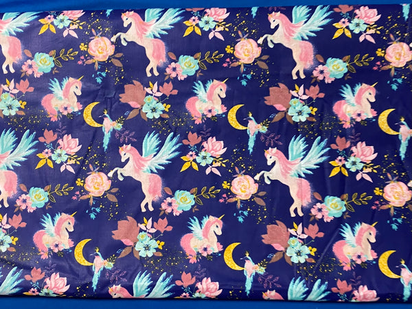 Cotton 100% Kids - Pink unicorns with hummingbirds on a navy blue back