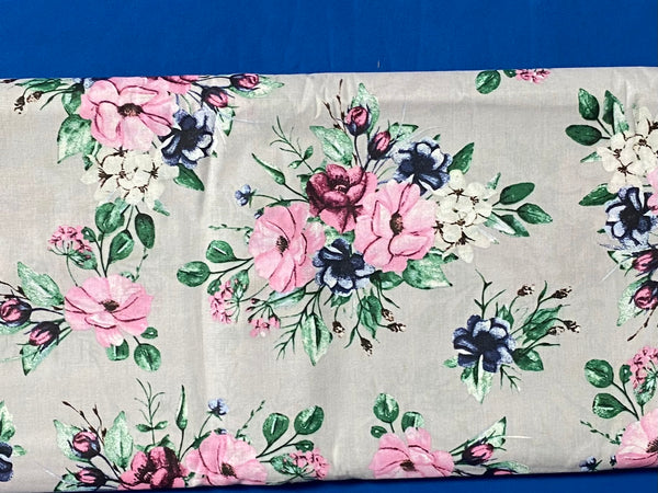 Cotton 100% Patterned - flowers bouquets in pink and navy blue with green leafs on a gray back