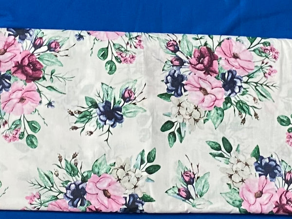Cotton 100% Patterned - flowers bouquets in pink and navy blue with green leafs on a white back