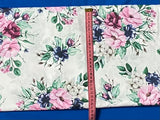 Cotton 100% Patterned - flowers bouquets in pink and navy blue with green leafs on a white back