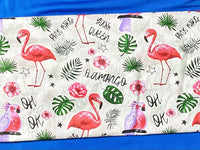 Cotton 100% Patterned - Flamingos and parrots with leafs on white back