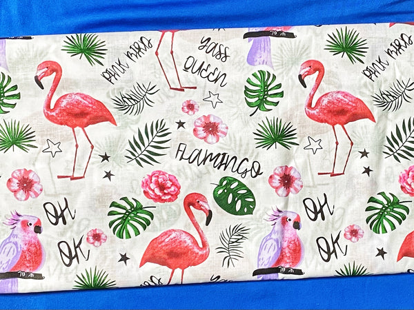 Cotton 100% Patterned - Flamingos and parrots with leafs on white back