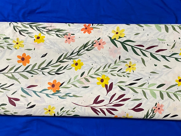 Cotton 100% Patterned - twigs with yellow-orange flowers on ecru