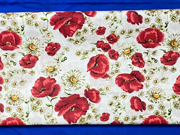Cotton 100% Patterned - flowers of red poppies with chamomiles on white