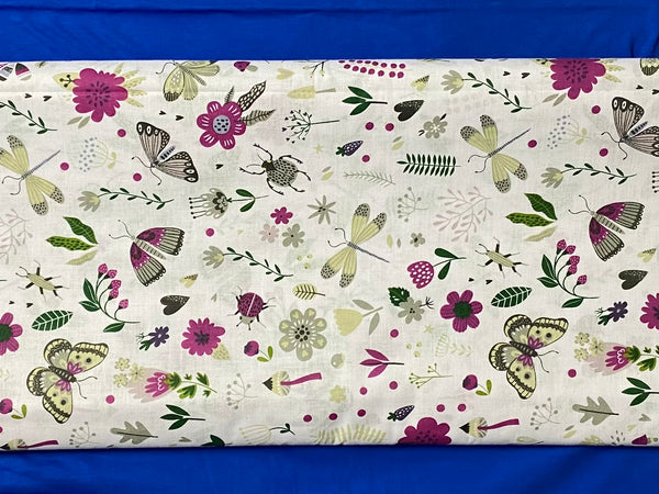 Cotton 100% Patterned - insects on a green & purple meadow on a white back