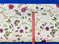 Cotton 100% Patterned - insects on a green & purple meadow on a white back