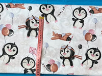 Cotton 100% Kids - penguins with pink-brown balloons on a white back