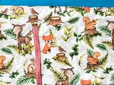 Cotton 100% Kids - Roe-deers and animals with fern leaves on a white back