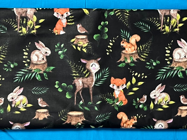 Cotton 100% Kids - Roe-deers and animals with fern leaves on a black back