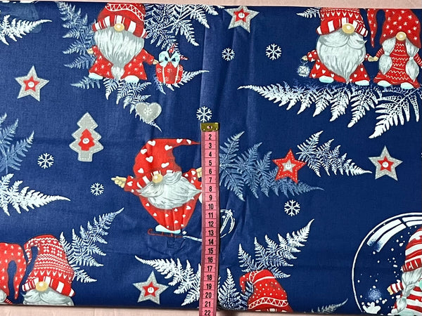 Cotton 100% Christmas - pattern sprites with fern leaves on a navy back Gnomes,Gonk