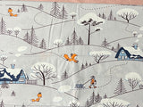 Cotton 100% Kids - foxes in winter with blue houses on a gray back