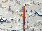 Cotton 100% Kids - foxes in winter with blue houses on a gray back