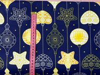 Cotton 100% Christmas - pattern with chains of baubles and stars on a navy blue back