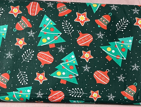 Cotton 100% Christmas - tree with baubles on dark green back