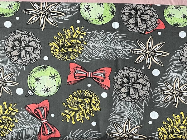 Cotton 100% Christmas - baubles and pine cones on a dark gray back
