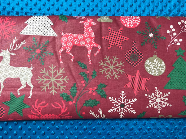 Cotton 100% Christmas - deer with trees on a red background