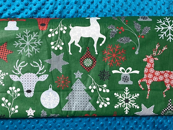 Cotton 100% Christmas - deer with trees on a green background