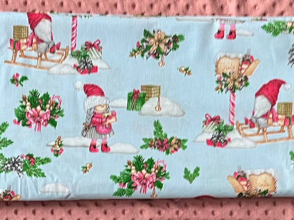 Cotton 100% Christmas - sprites  pattern on a slade on a light blue back Gnomes,gonk