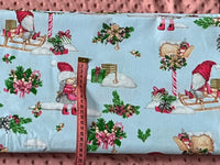 Cotton 100% Christmas - sprites  pattern on a slade on a light blue back Gnomes,gonk