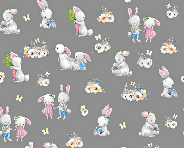 Cotton 100% Kids - rabbits in love with dark gray back - bunnies
