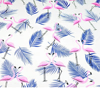 Cotton 100% Patterned - flamingos with leaves pink and navy blue on white background