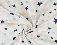Cotton 100% Patterned - constellation of apricot pink and navy blue on a white background stars