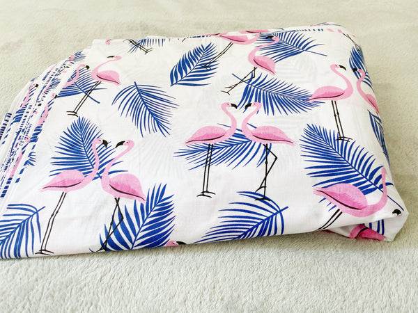 Cotton 100% Patterned - flamingos with leaves pink and navy blue on white background
