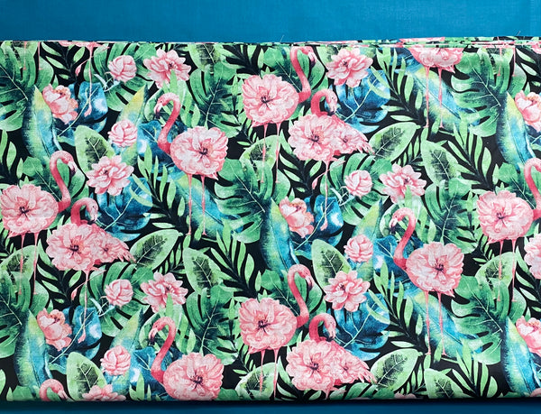 Cotton 100% Patterned - flamingos in monstera leaves with flowers on black background