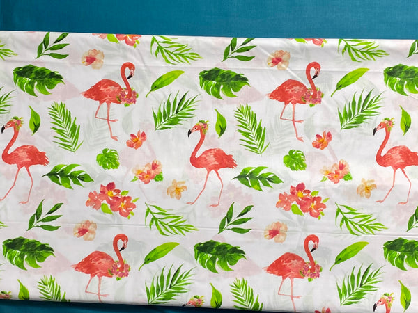 Cotton 100% Patterned - Flamingos and Green Palms
