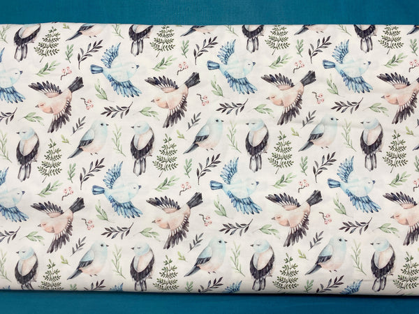 Cotton 100% Premium Digital Print - birds with leaves on a white background