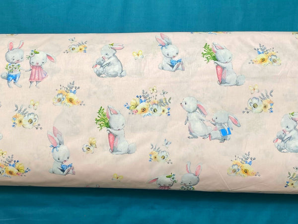 Cotton 100% Kids - rabbits in love with pink background - bunnies