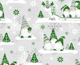 Cotton 100% Christmas sprite pattern green with reindeer on a gray back gnomes,gonk